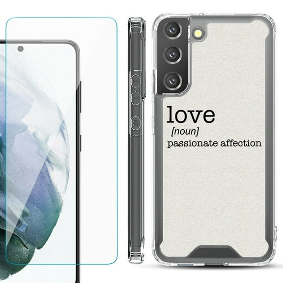 Shockproof Bumper Phone Case for Samsung Galaxy S22 5G, with Tempered Glass Screen Protector, by OneToughShield ® - Dictionary/Love
