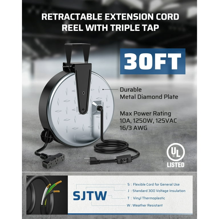 DEWENWILS Metal Extension Cord Reel, 30 ft Retractable Extension