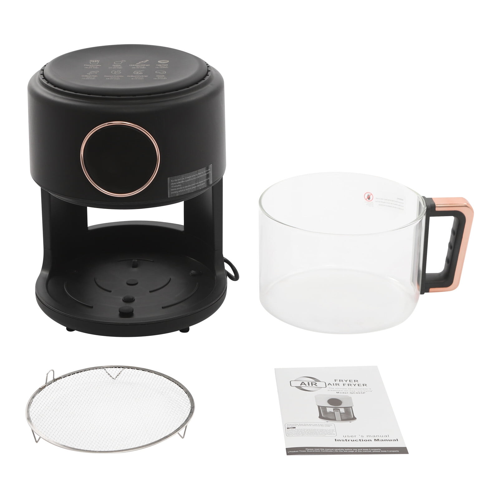 4.44Qt Mini Air Fryer, Adjustable Temperature Glass Air Fryer, 360° Viewable Touch Screen with Digital Display (Black)
