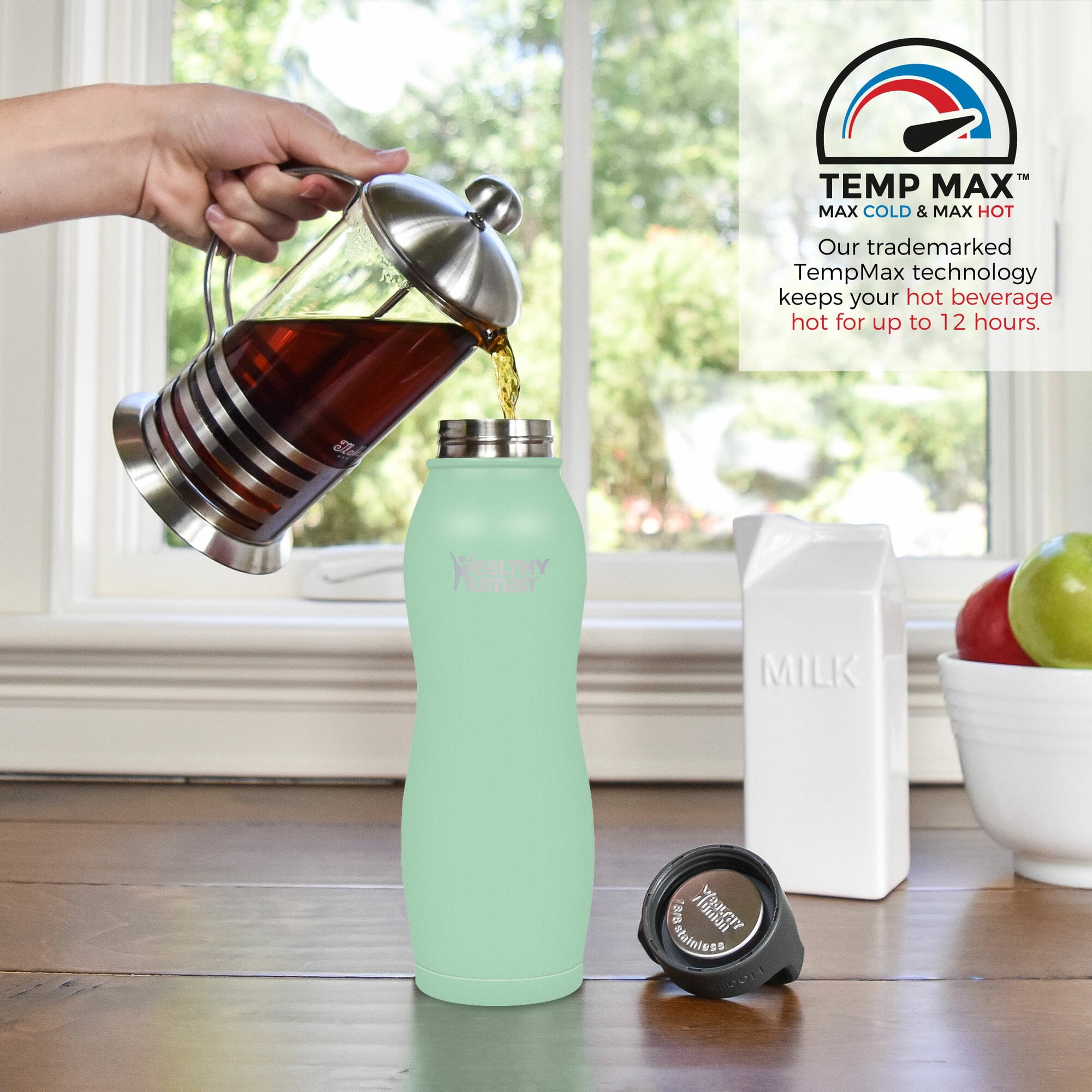 Healthy Human Stainless Steel Curve Water Bottle | 100% BPA Free Thermos for Kids & Adults | Double Walled Vacuum Insulated | Metal Bottles with Leak Proof Lid (21 oz/ 621 ML, Seamist)