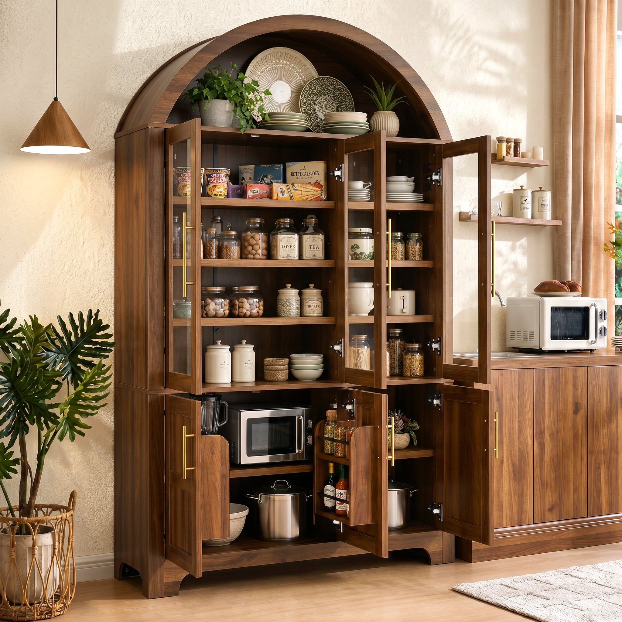 Euroco 73" Tall Arched Kitchen Pantry Cabinet,Farmhouse Wood Kitchen Storage Cabinet with 3 Glass Doors,Door Shelves & Adjustable Shelves,Freestanding Pantry Cupboard for Kitchen Bathroom,Walnut