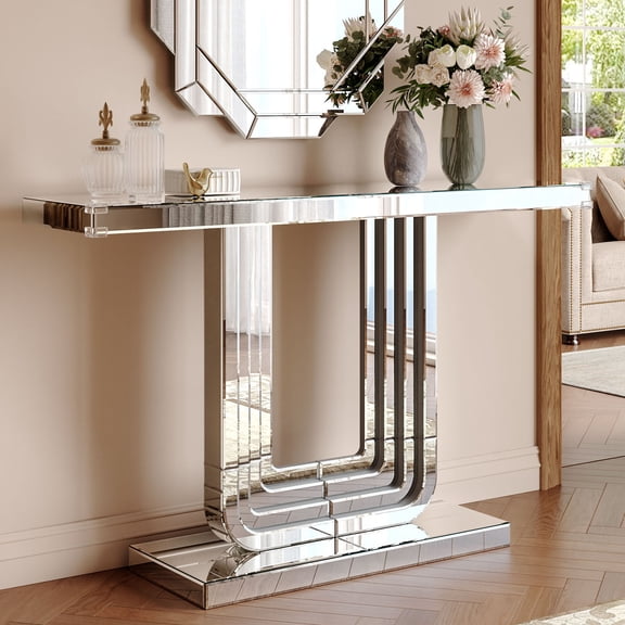 CQSXDA Mirrored Console Table in Silver with U Base and Hand-Spliced Line Design for Living Room and Hallway 47 Inch