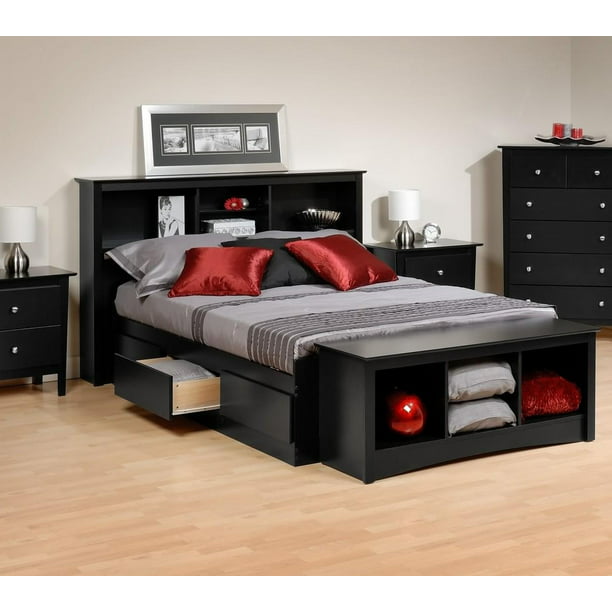 Platform Storage Bed W Bookcase, Black Queen Storage Bed With Headboard