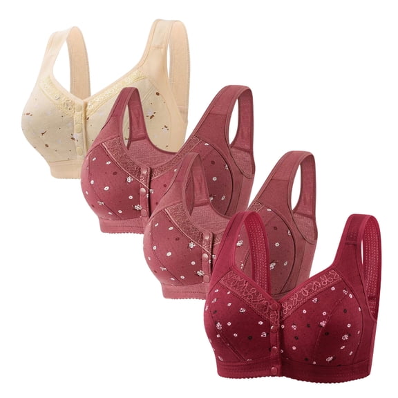 Tao Tao 4 Pack Daisy Bras For Women Front Button Snaps Closure Wireless Cotton Bra For Seniors Sports Bra Push Up Bra Wire Free Bras Classical Bras Beige 2XL