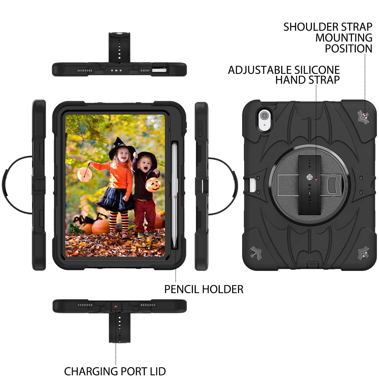 ELEHOLD Case for Apple iPad 10th Gen, Heavy Duty Shockproof Case with Pencil Holder/Stand/Hand Strap/Shoulder Belt, Rugged Protective Cover for Boys Girls,Black