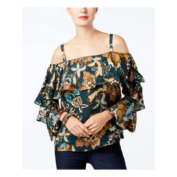 INC $90 Womens New 1426 Green Floral Ruffled Off Shoulder Tunic Top XS B B