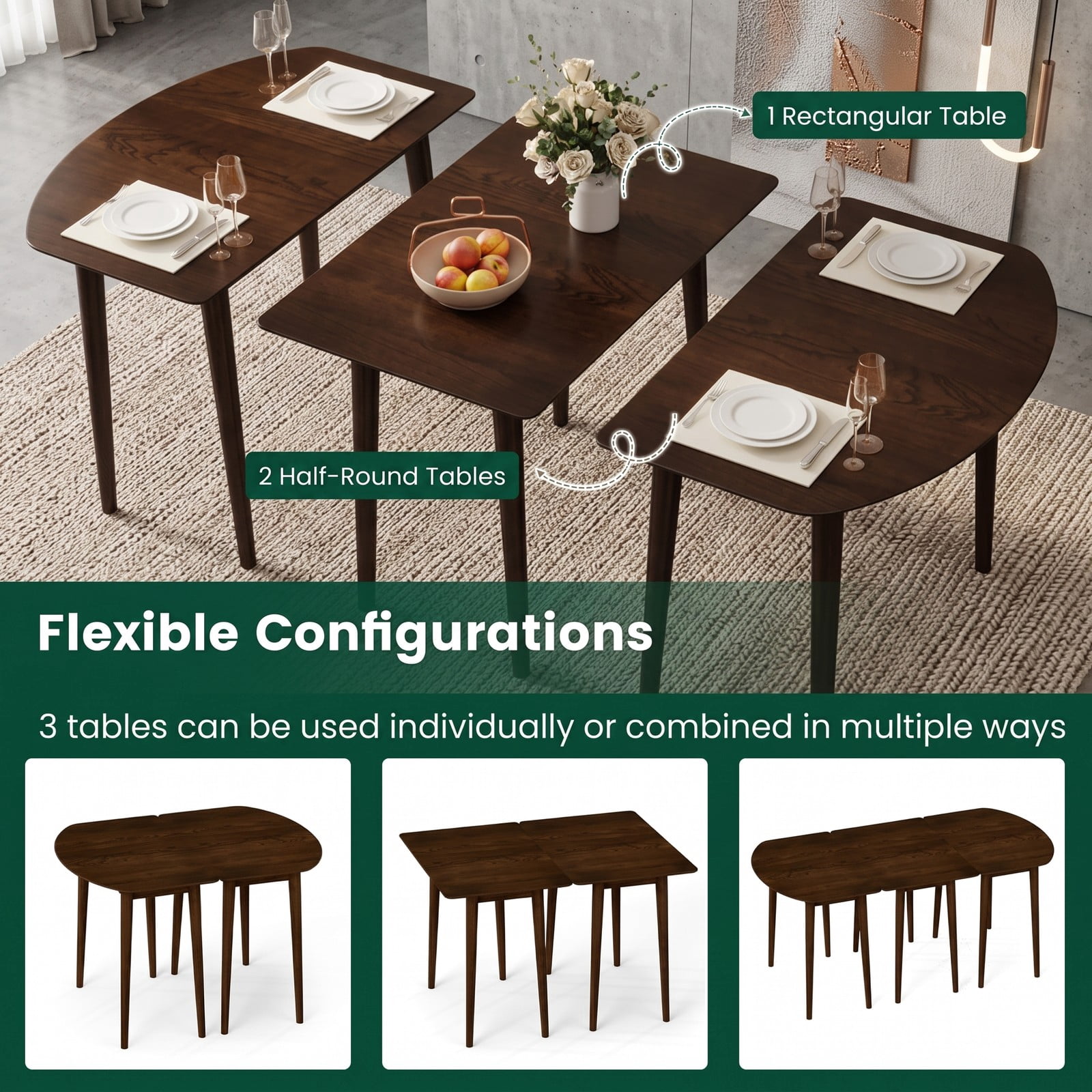 Furnibear Extendable Oval Dining Table Set with 2 Half-Round Tables, Seats 4-6, MDF and Rubber Wood Kitchen Dining Room Farmhouse Table for Small Spaces, Walnut