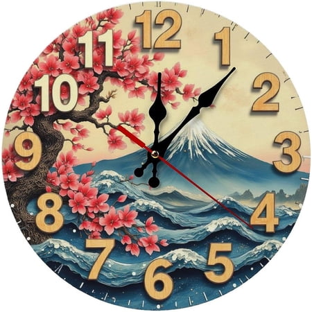Japanese Cherry Blossom Mount Fuji Ocean Wall Clock 10 Inch Silent Wall Clock Battery Operated, Frameless Wooden Round Clock with Quartz Movement for Bathroom, Kitchen, Living Room, Bedroom