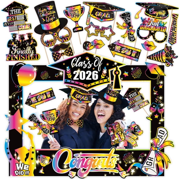 2026 Graduation Photo Booth Props Frame,31Pcs Graduation Photo Booth Props, Funny Graduation Party Selfie Props, Black Gold Selfie Photo Frame for High School and College Graduation