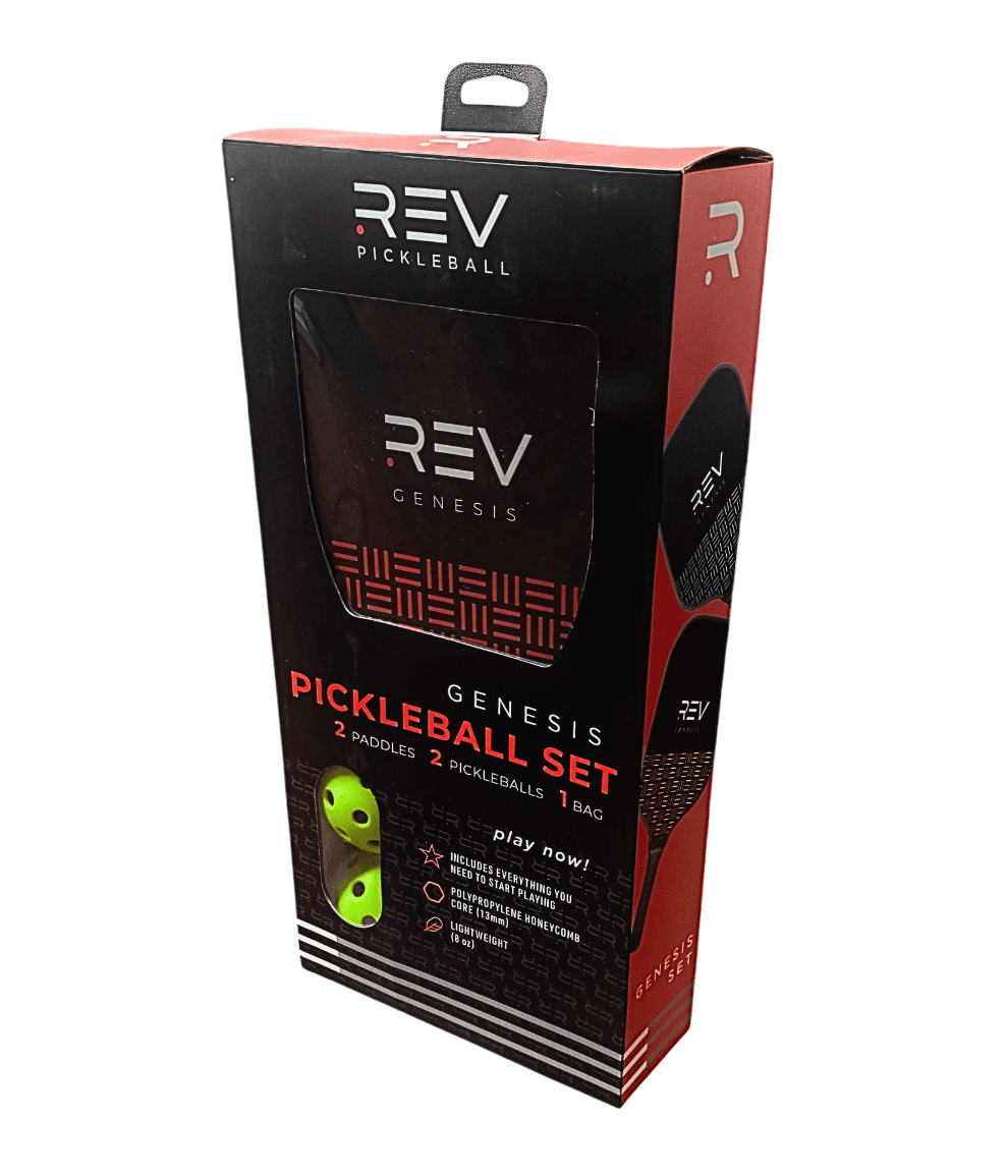 Rev Pickleball Genesis Set – 2 Paddles, 2 Pickleballs, Carry Bag – All-in-One Beginner Bundle – Lightweight Fiberglass Paddle Set for Indoor & Outdoor Play – Red & Blue – Supreme Touch Control