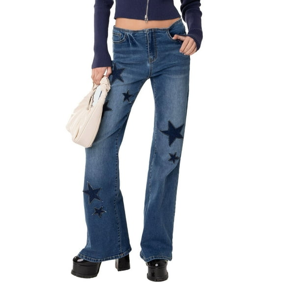 xiaxaixu Women Flared Denim Pants Casual Retro Star Patchwork Stretchy Bell Bottom Jeans with Pockets for Streetwear