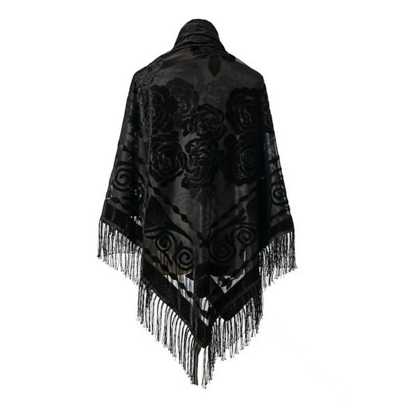 Ediodpoh Spring Autumn Winter Retro Large Square Scarf Ethnic Style Velvet Jacquard Fringe Shawl for Warmth Black