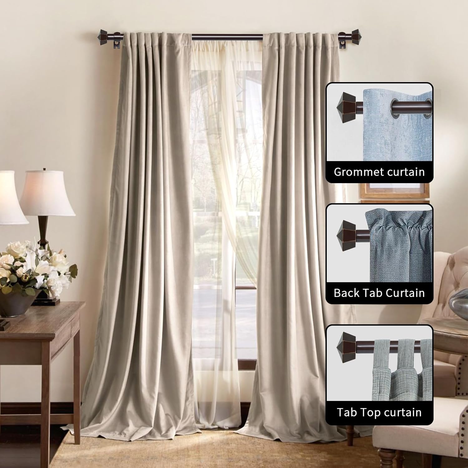 eTeckram 5/8" Double Curtain Rod with Chiodo Finials,Bronze Gold,48‘’-84‘’
