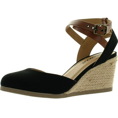 

Soda Womens Request Closed Toe Espadrille Wedge Sandal in Black Dark Tan Linen