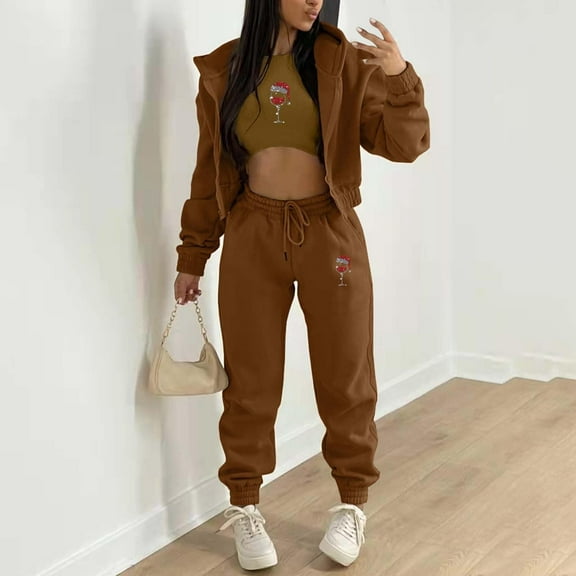 Womens Lounge Set Holiday Deals Usmixi Christmas 3 Pieces Outfits for Women Hooded Sweatshirt Coat Wine Glasses Cropped Tank Tops and Drawstring Jogger Pant Tracksuit Sets Sweatsuits Up to 65% off