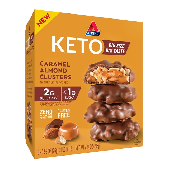Atkins Racimos de almendras keto de caramelo, apto para cetogénicas, 8 unidades
