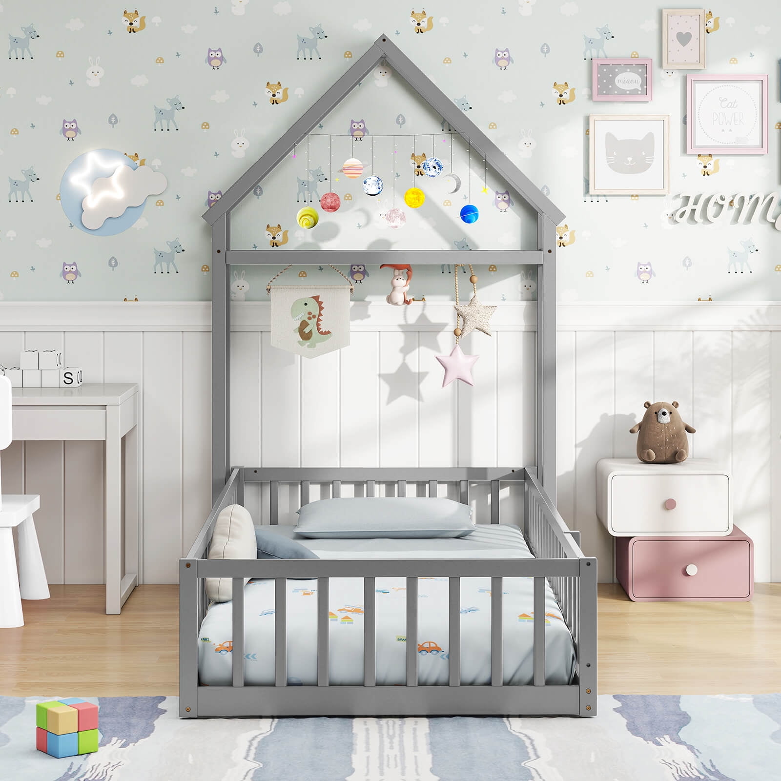 Infans Twin Size House Floor Bed w/House-shaped Headboard Clothes Hanger without Slats