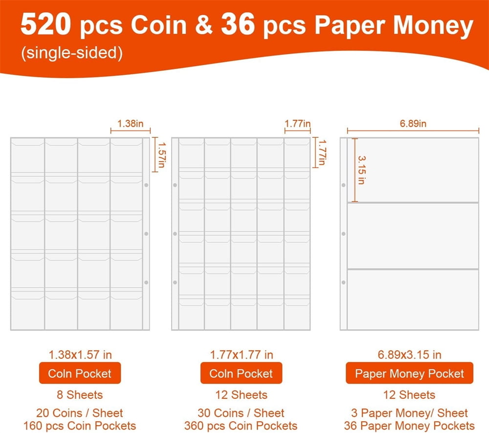 NOGIS Fireproof Coin Collection Book Holder for Collectors,360 Pockets Coins Collecting Album & 36 Sleeves Currency Storage Case for Coin Collection Supplies,Bill,Pennies, Quarters,Stamp