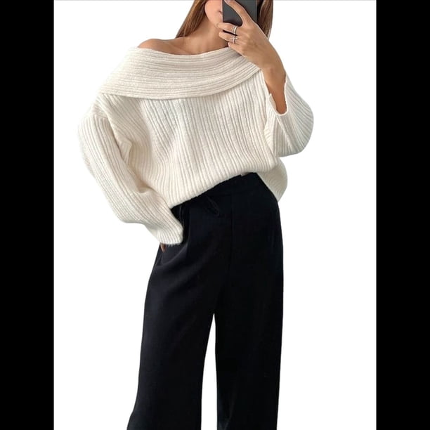 Suéter de Punto de Larga con Hombros Descubiertos para Mujer, Suéter Informal Holgado de Gran Tamaño, Tops de Punto Vintage A . M