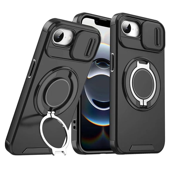 TJS Phone Case for iPhone 16e, Privacy Camera Dual Layer Magnetic Ring Rotating Stand Protective Cover (Black)