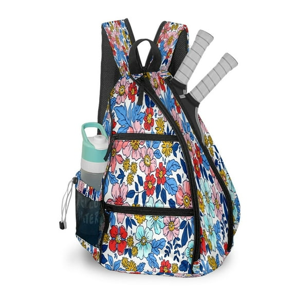 Pickleball Bag with Padded Back, Colorful Flowers Multi-Compartment Paddle Backpack, Lightweight Nylon Sports Bag for Men & Women