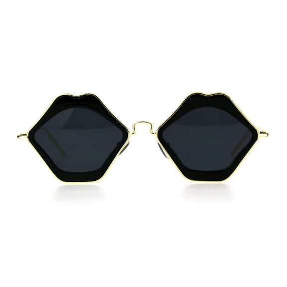 Womens Kissing Lip Hippie Retro Double Rim Sunglasses All Black