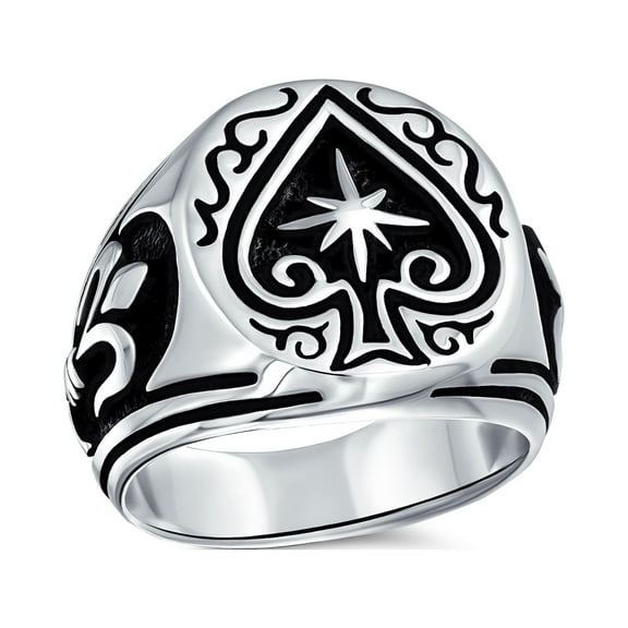 Bling Jewelry Mens Antiqued Style Etched Black Ace of Spades Lucky Star Ring