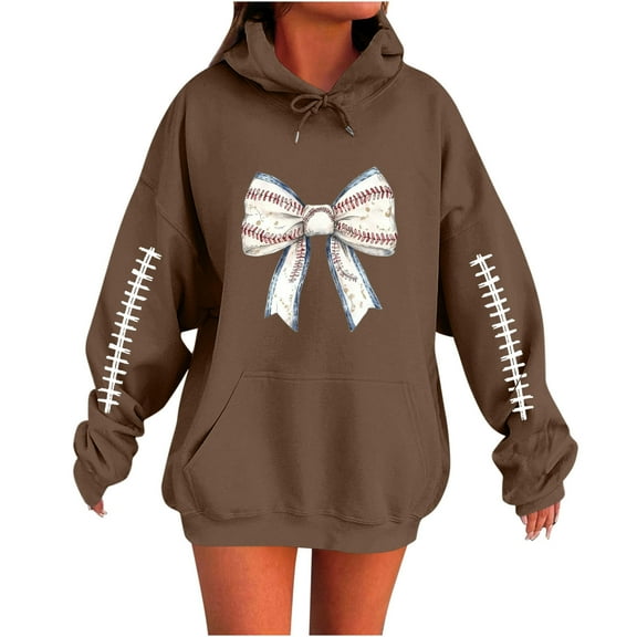 XPMWRP Women's Bow Graphic Print Sweatshirt Hoodie Thermal Long Sleeves Casual Pullover Winter Warm Sweatshirts With Pockets Brown L