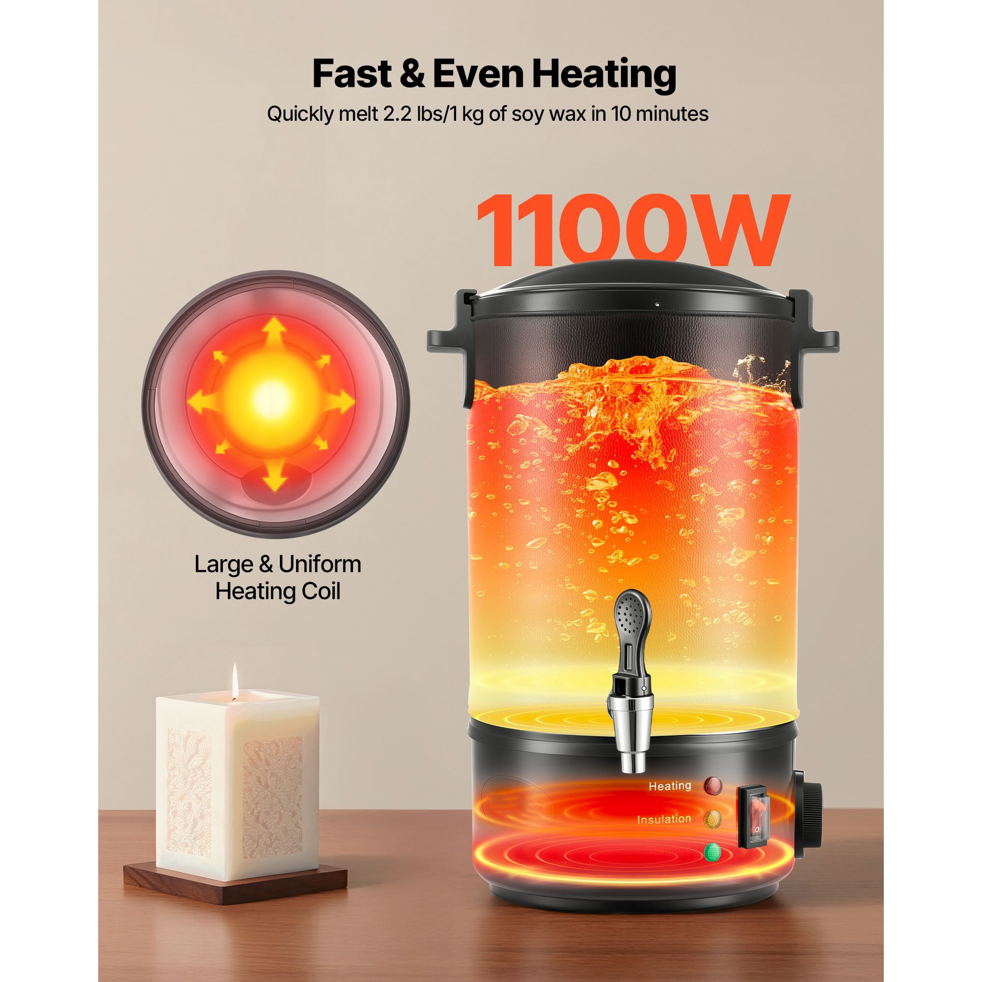 Wax Melter for Candle Making 8.5 Qts, 1100W Fast Heating, 86-230°F Temp Control, Easy Pour Spout, Grooved Base for Soap Cosmetics