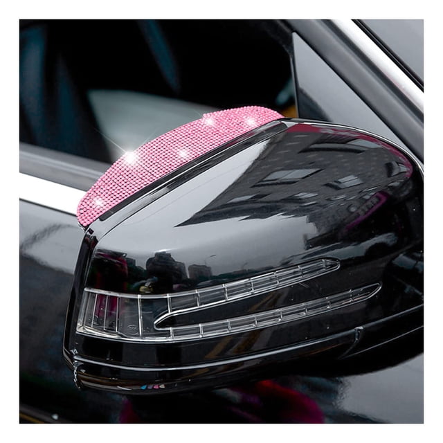 2PCS Car Rear View Mirror Rain Eyebrows, Bling Crystal Rear View Mirror Rain Visor Guard, Rhinestone Rainproof Car Side Mirror Rain Visor Smoke Cover, Universal for Car, Truck, SUV,Pink