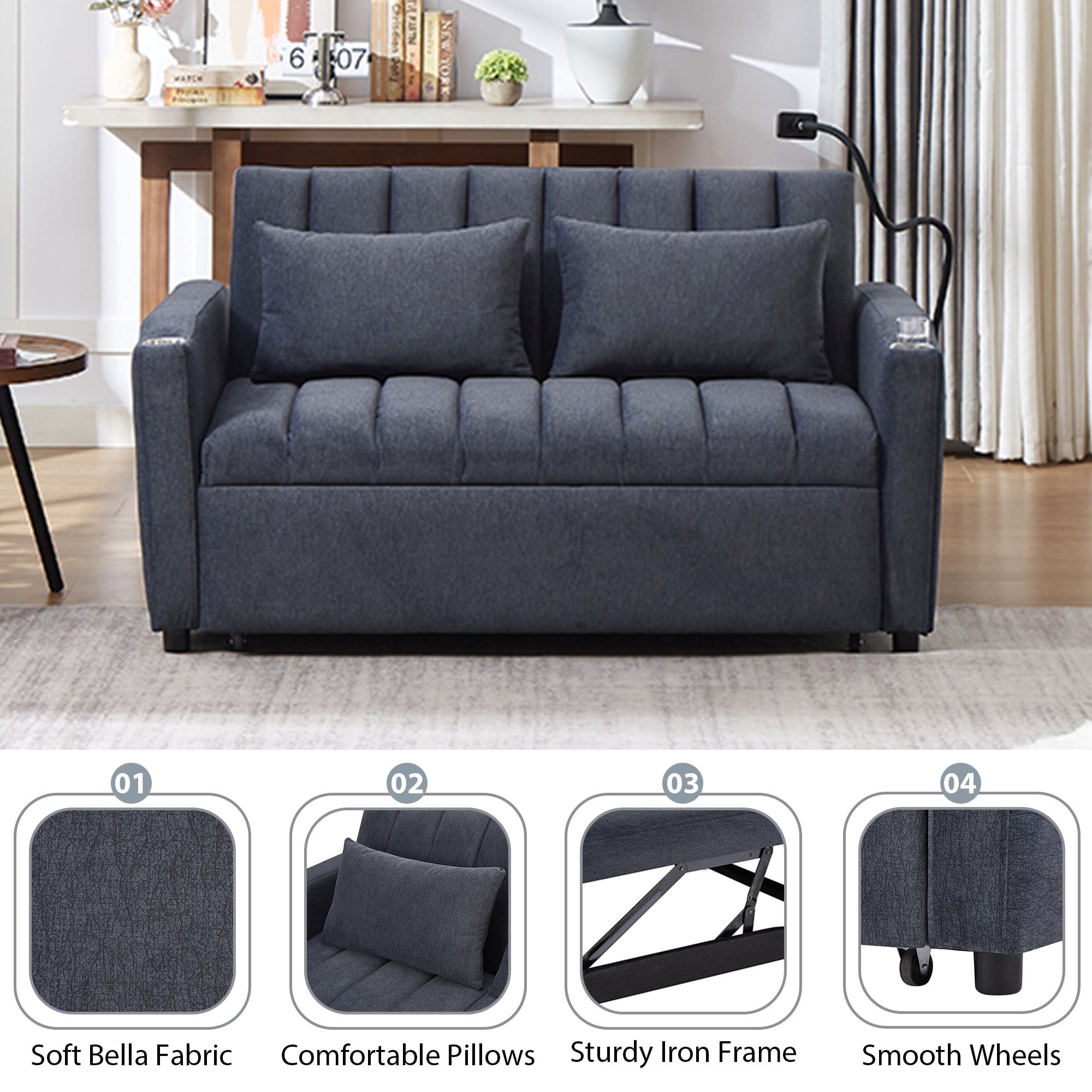 EUROCO 1100LBS Queen Pull Out Sofa Bed, 55.9" Convertible Sleeper Loveseat with 3 USB Ports, 2 Side Pockets,2 Cup Holders and 360°Swivel Phone Holder,Modern Loveseat Sofa for Living Room