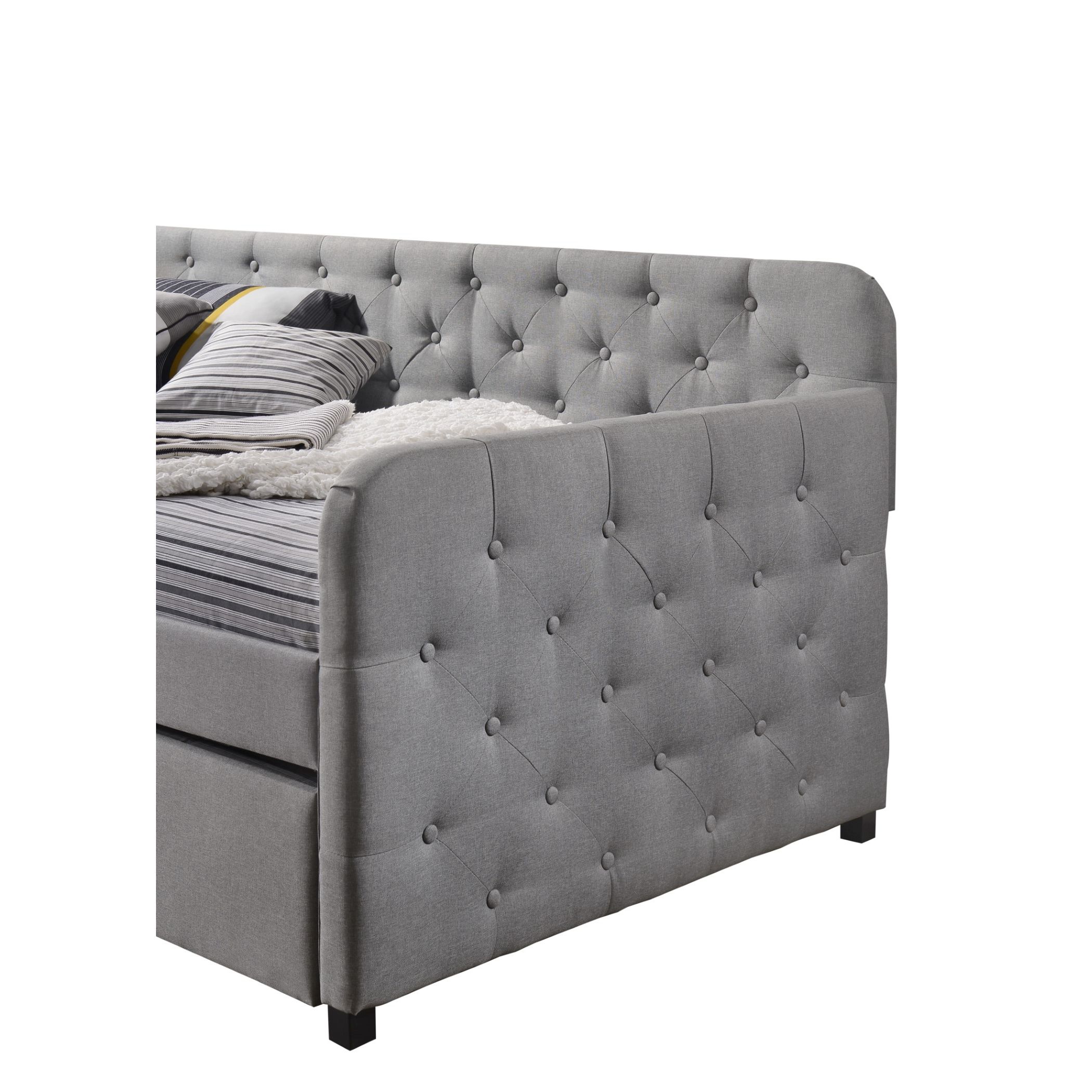 Home Design Uma Twin Daybed with Linen Upholstery, Button-Tufted Back, Track Arms, and Pull-Out Trundle, Comfortable Seating and Sleeping, Gray