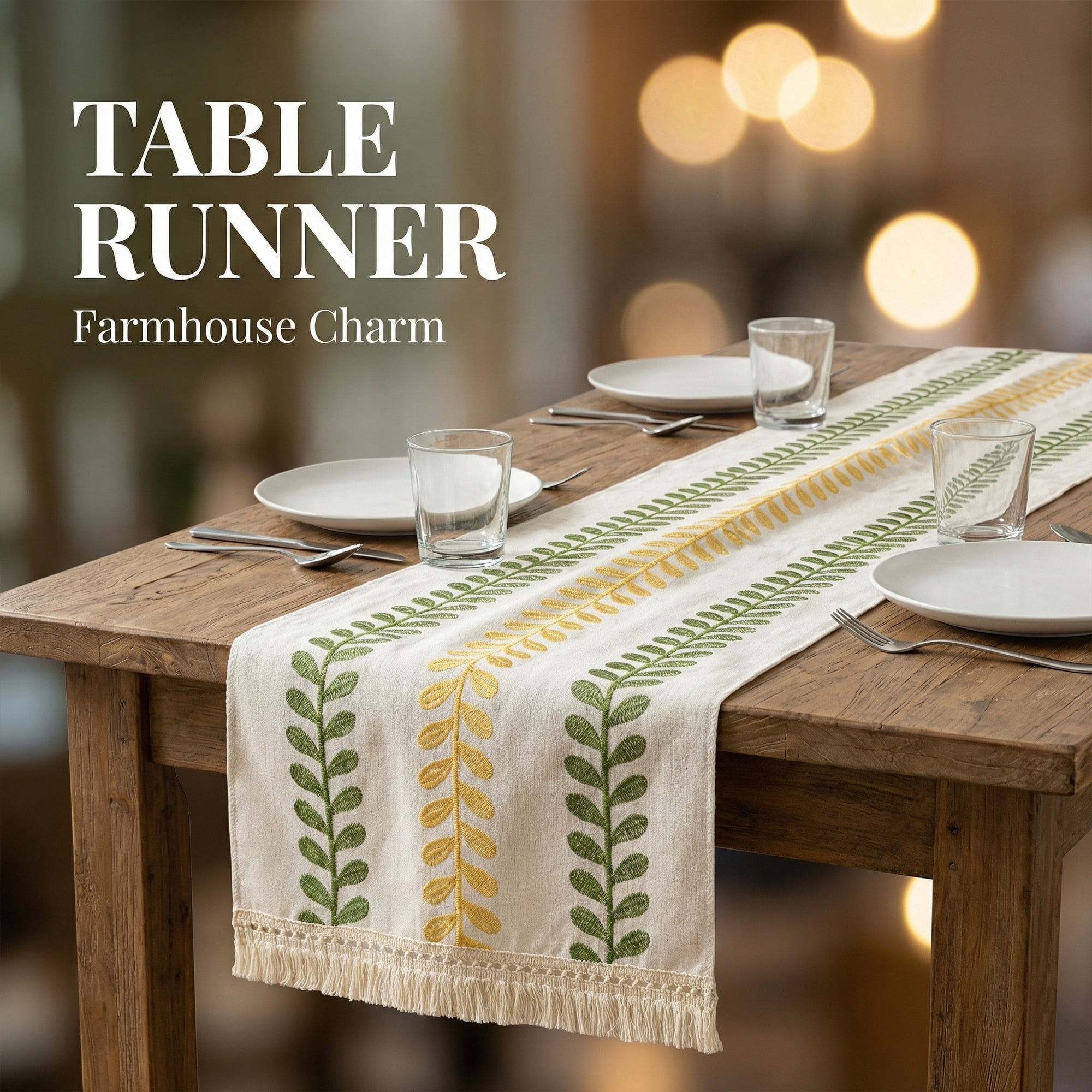 Unique Bargains Polyester Floral with Tassel Table Runner for Kitchen Decor Green 15.4"x106.3"