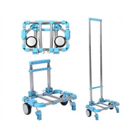 Portable Folding Telescopic Handle Shopping Cart Push And Haul Trolley Airport Luggage Aluminum Alloy Household Supermarket Cart With 66 lbs/30KG Capacity (Blue)