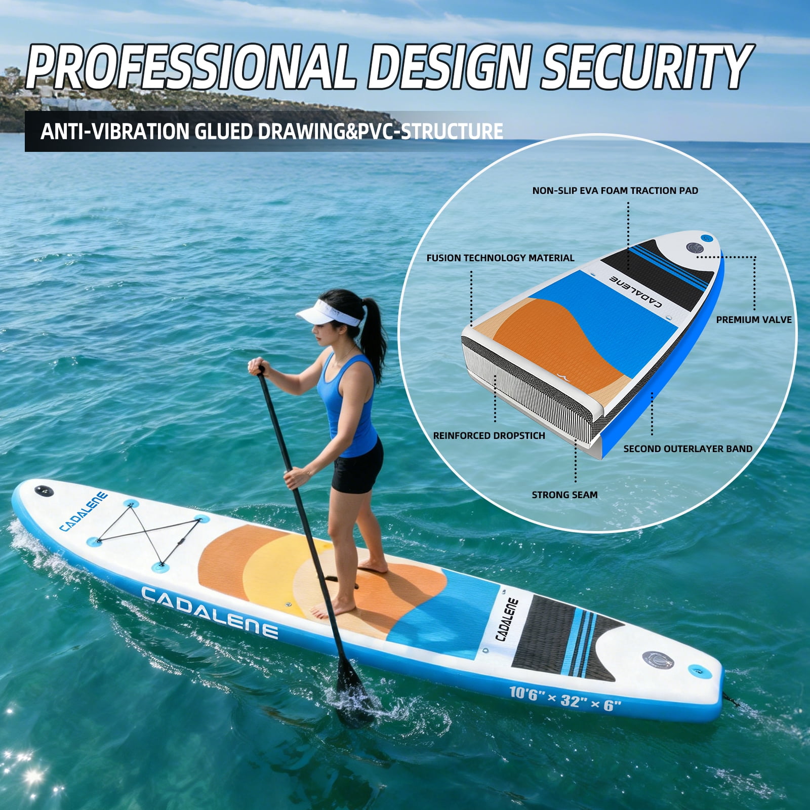 Cadalene 10'6" Inflatable Stand Up Paddle Board with Premium SUP Accessories,Built-in Camera Mount,for All Skill Levels