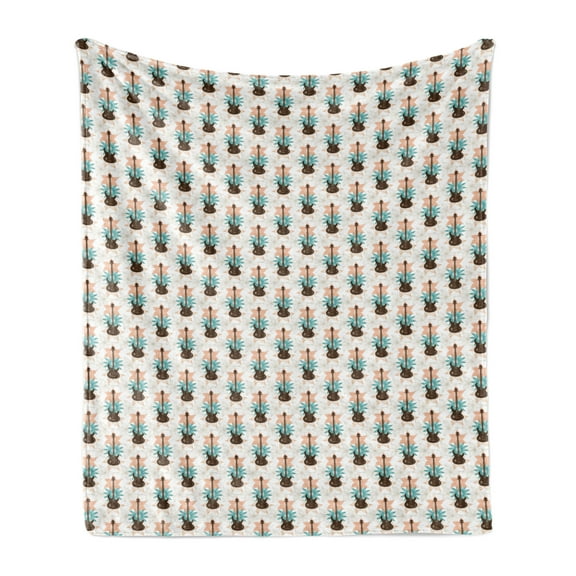 Guitar Soft Flannel Fleece Throw Blanket, Grunge Bass Guitars with Skulls Among Blooming Abstract Flowers, Cozy Plush for Indoor and Outdoor Use, 70" x 90", Peach Teal Dark Brown, by Ambesonne