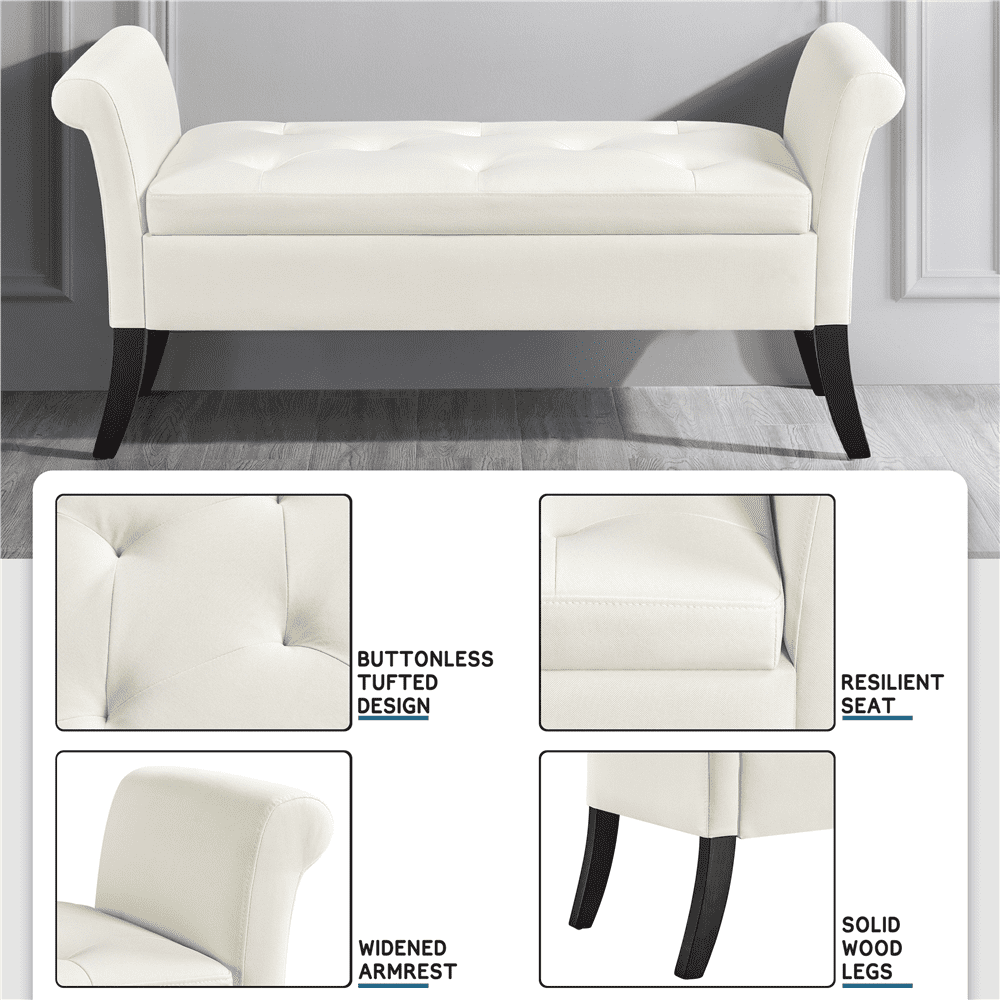 Yaheetech Modern Fabric Tufted Storage Bench Cushioned Ottoman Bench with Rolled Arms, Fresh White