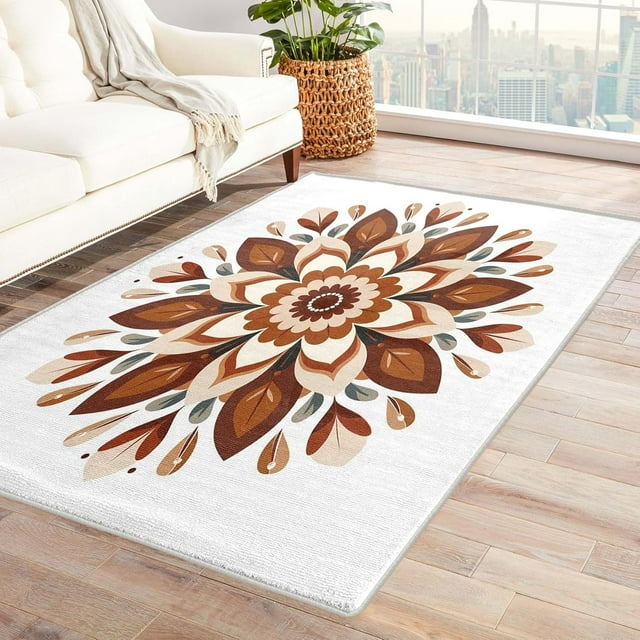 Mandala Rugs for Bedroom - 4x6 Rug - Mandala Rug - Floral Brown Area Rug - Abstract Flower Rugs - Girls Carpet