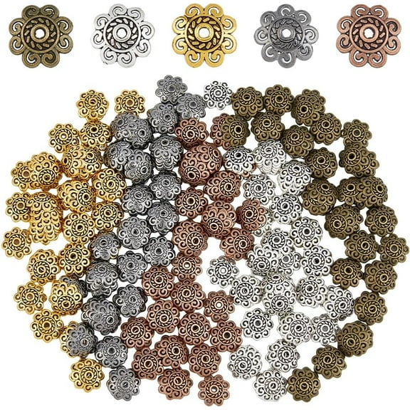 300Pcs Tibetan Spacer Bead Caps 5 Colors Filigree Flower Bead Caps Bails End Charm Caps Multi-Petal Bead Cap Alloy Flower Bead Cup for DIY Necklace Jewelry Making Hole: 2mm