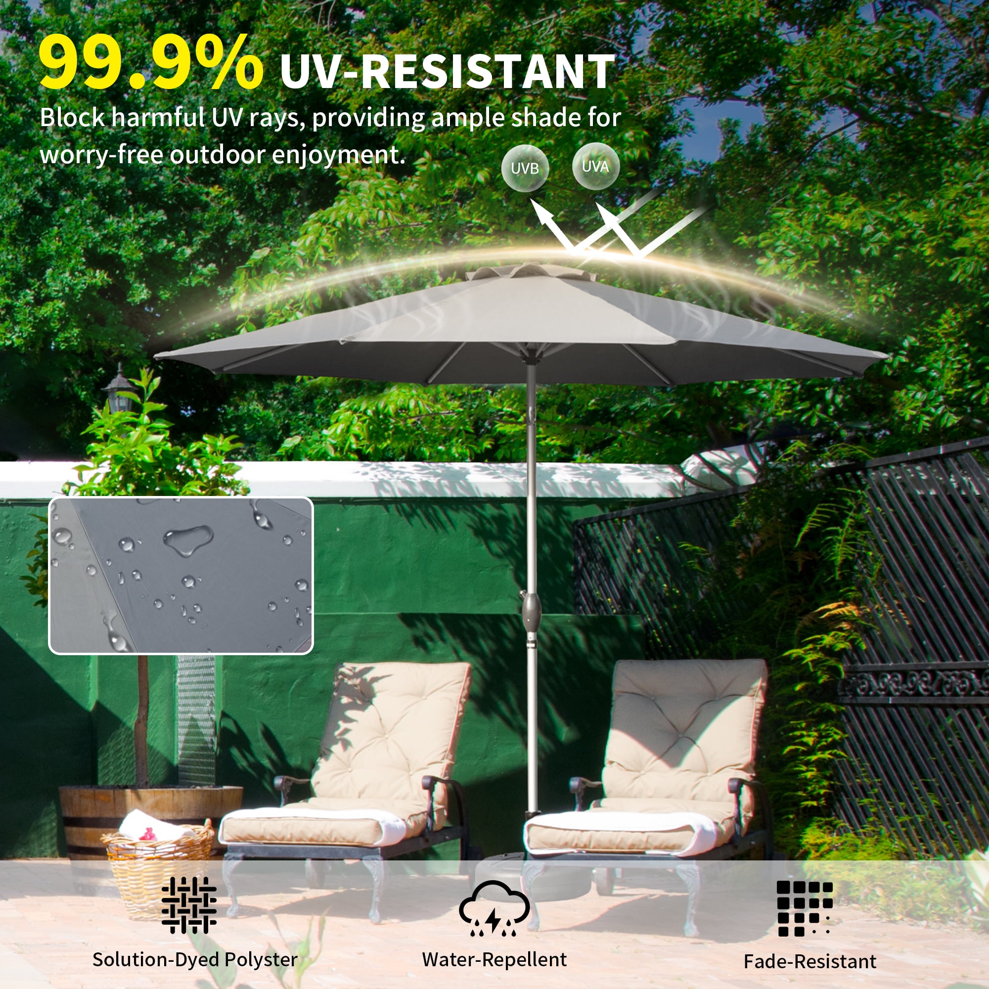 Domi 10FT Patio Umbrella, Outdoor Table Umbrella with Push Button Tilt and Crank, UV Protection Waterproof Market Sun Umbrella with 8 Sturdy Ribs for Garden, Deck, Backyard, Pool,(Gray)