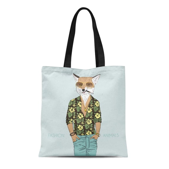 ASHLEIGH Canvas Tote Bag Fox Dressed Up in Aloha Hipster Panther Guy Reusable Shoulder Grocery Shopping Bags Handbag