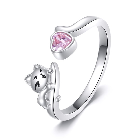 MYSTICPOEM Cat Open Ring S925 Sterling Silver Adjustable Wrap Ring Heart Pink Ziron Jewelry Gifts for Women