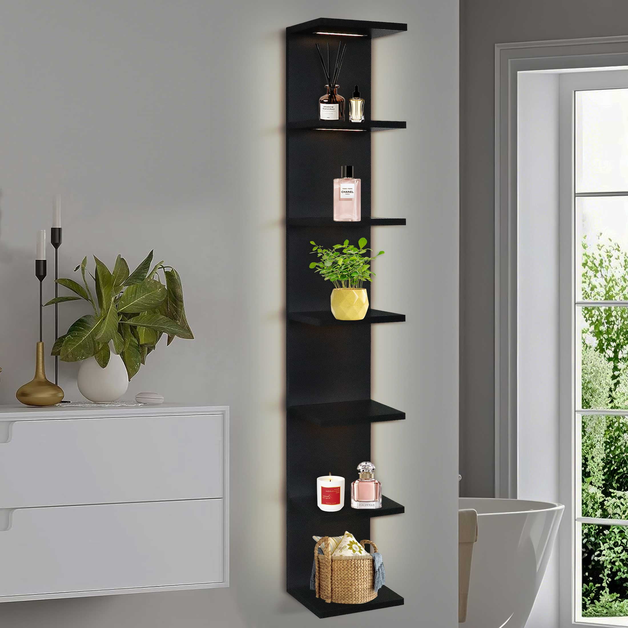 7-Tier Wall Shelf with 3 LED Lighting Modes, Multifunctional Wall Mounted Vertical Display Floating Shelf for Bedroom Living Room Vanity, Black