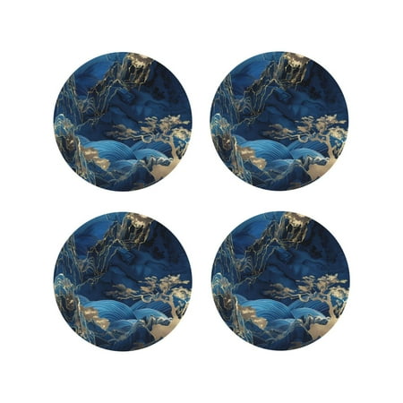 

Fuzoiu Golden Blue Mountains Print Leather Coasters Set Drink Coasters Set of 4 for Tabletop Protection Durable PVC Coasters Home Décor and Housewarming Gift-Round Shape