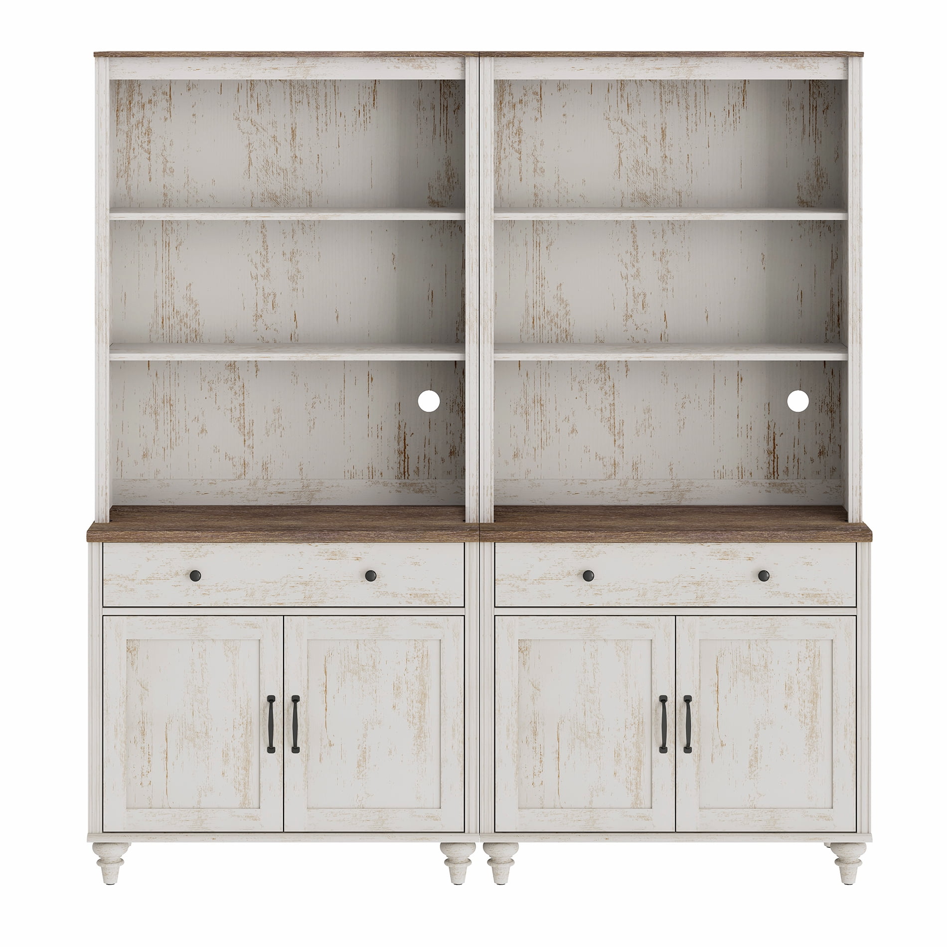 Farmhouse 5 Tier Bookcase With 2 Drawers and 4 Doors, Rustic White, 67.7" W