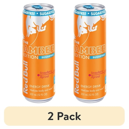 (2 pack) Red Bull Amber Edition Sugarfree Energy Drink, Strawberry Apricot, 114mg Caffeine, 12 fl. oz. Can