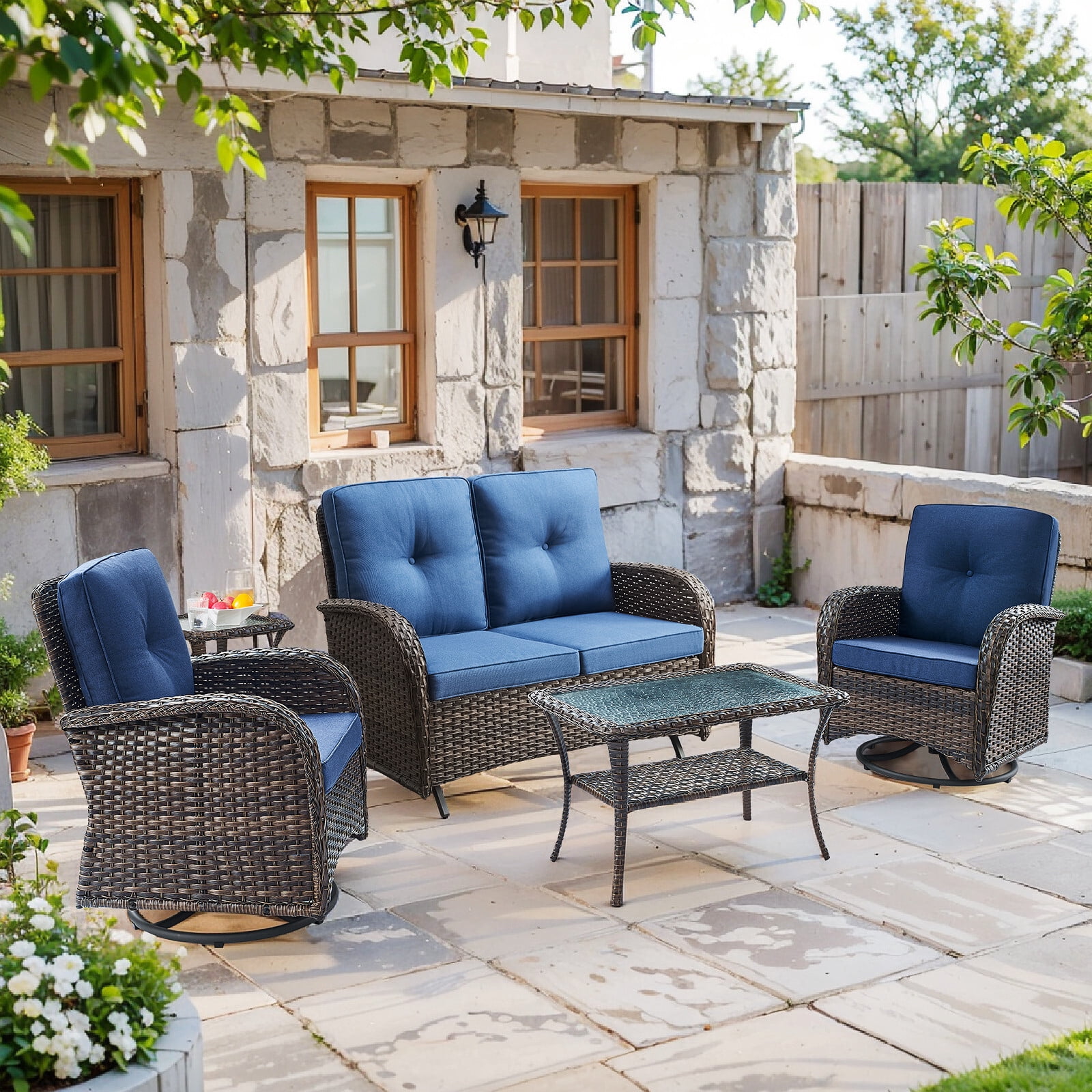 Bellefurn 5 Pieces Outdoor Patio Furniture Sets with Swivel Rocker Chairs Rattan Glider Loveseat and Coffee Table,Wicker Outdoor Conversation Sets for Porch Deck Backyard Poolside