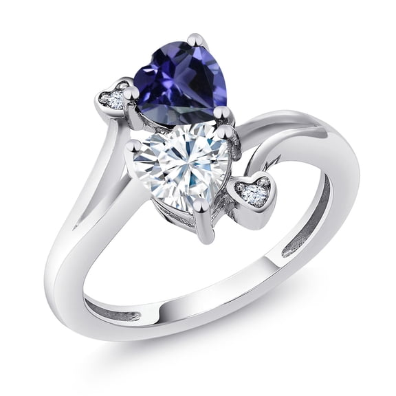 Gem Stone King 925 Sterling Silver Blue Iolite White Moissanite Ring for Women (1.41 Cttw, Heart Shape 6MM, Gemstone Birthstone, Size 8)