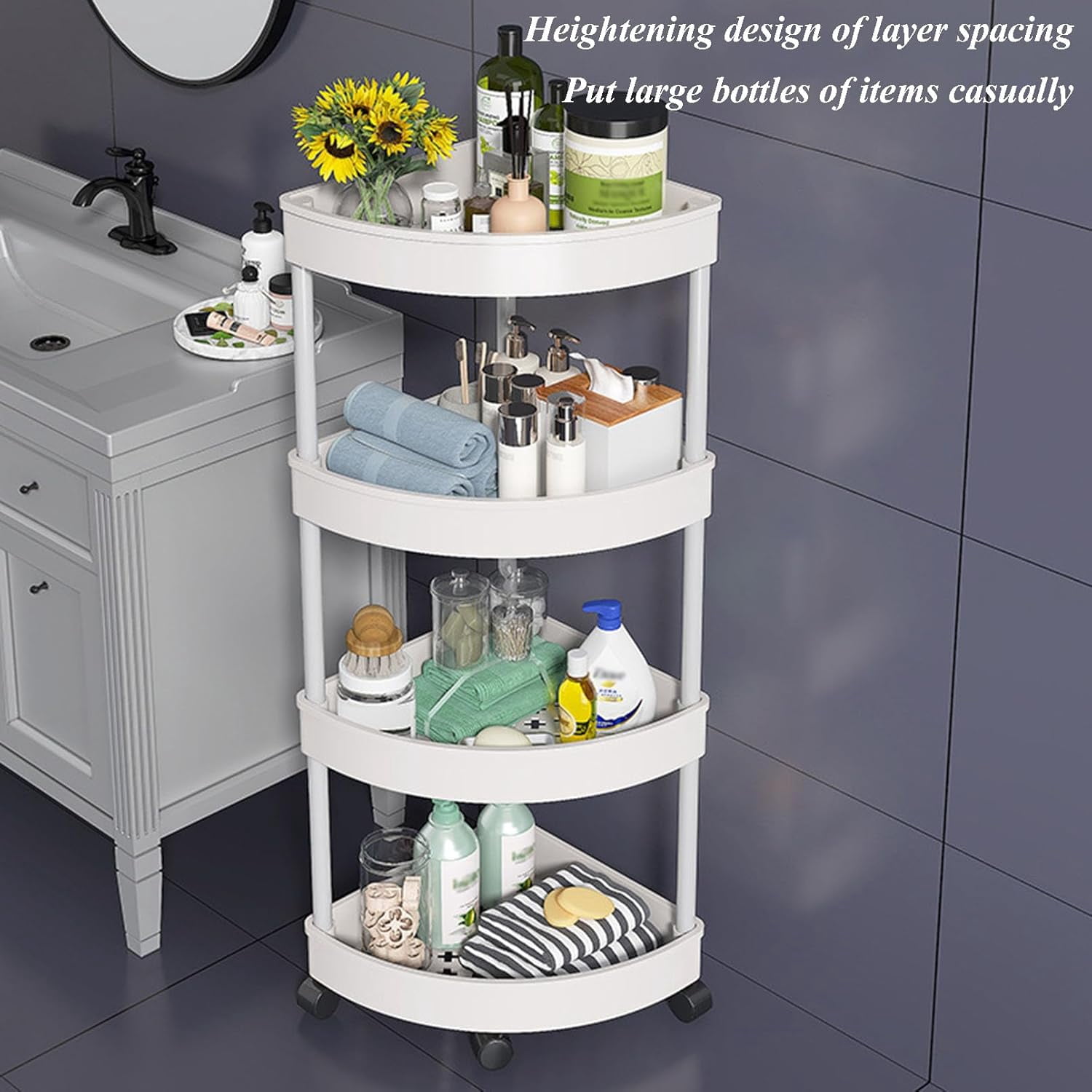 Kingfansion Four-Layer Movable Corner Rack, Plastic Bathroom Storage Shelf with Wheels, Waterproof Kitchen Organizer for Snacks/Toiletries