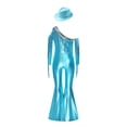 thumbnail image 4 of RUNQHUI Kids Girls Metallic Ruffle Flared Jumpsuit with Hat Set Fringed Performance Disco Dance Outfit Light Blue 12, 4 of 6